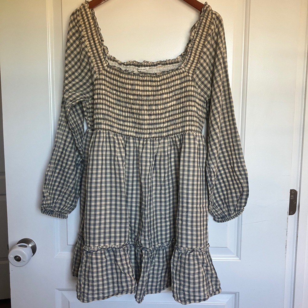 American Eagle Plaid Smocked Mini Dress Blue Cream Long Sleeve Ruffle Hem XL